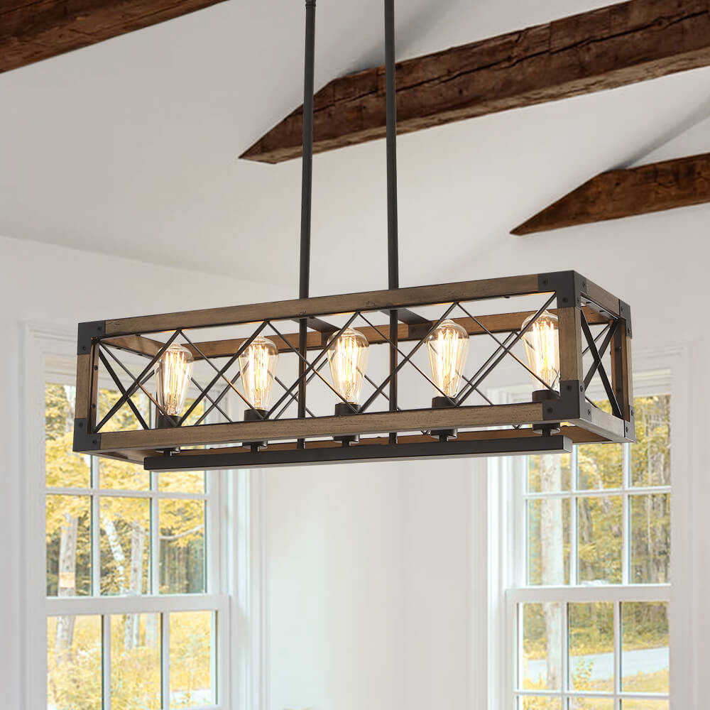 Farmhouse 5-Light Rectangle Wood Chandelier | LightFixturesUSA, Box ...