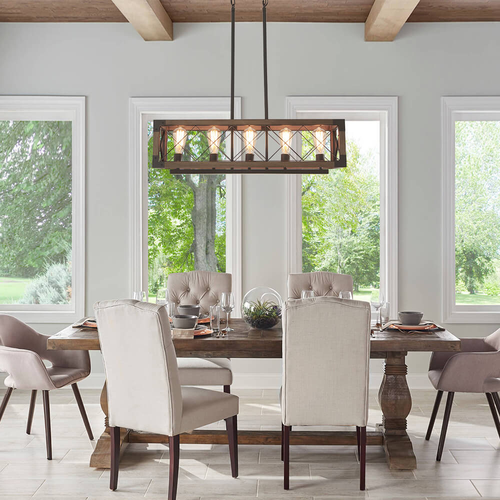 Farmhouse 5-Light Rectangle Wood Chandelier | LightFixturesUSA, Box ...