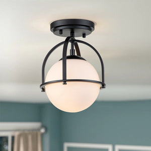 LightFixturesUSA-1-Light Opal Glass Sphere Semi-Flush Mount-Ceiling Light-Black-