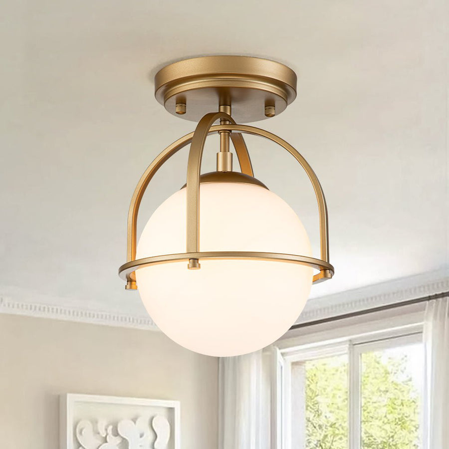 LightFixturesUSA-1-Light Opal Glass Sphere Semi-Flush Mount-Ceiling Light-Brass-