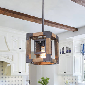 LightFixturesUSA-1-Light Square Wood Pendant Light-Pendant Light--