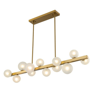 LightFixturesUSA-12-Light Brass Frosted Glass Bubble Linear Chandelier-Chandelier-Brass-