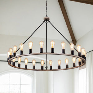 LightFixturesUSA-24-Light Oversized Vintage Wagon Wheel Chandelier-Chandelier-Black + Faux Wood-