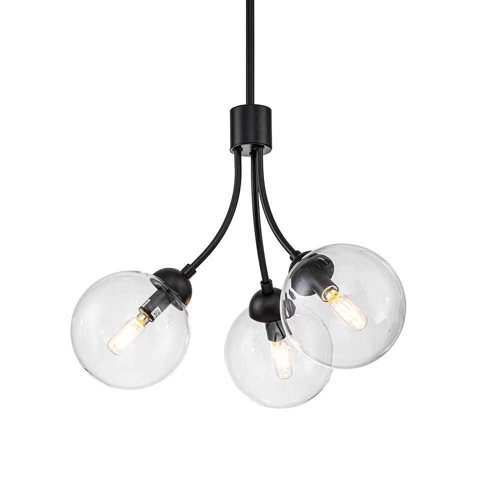 3-Light Black Brass Clear Glass Globe Chandelier | LightFixturesUSA