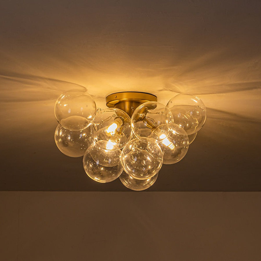 LightFixturesUSA-3-Light Brass Cluster Clear Glass Globe Bubble Ceiling Light-Ceiling Light-Brass-