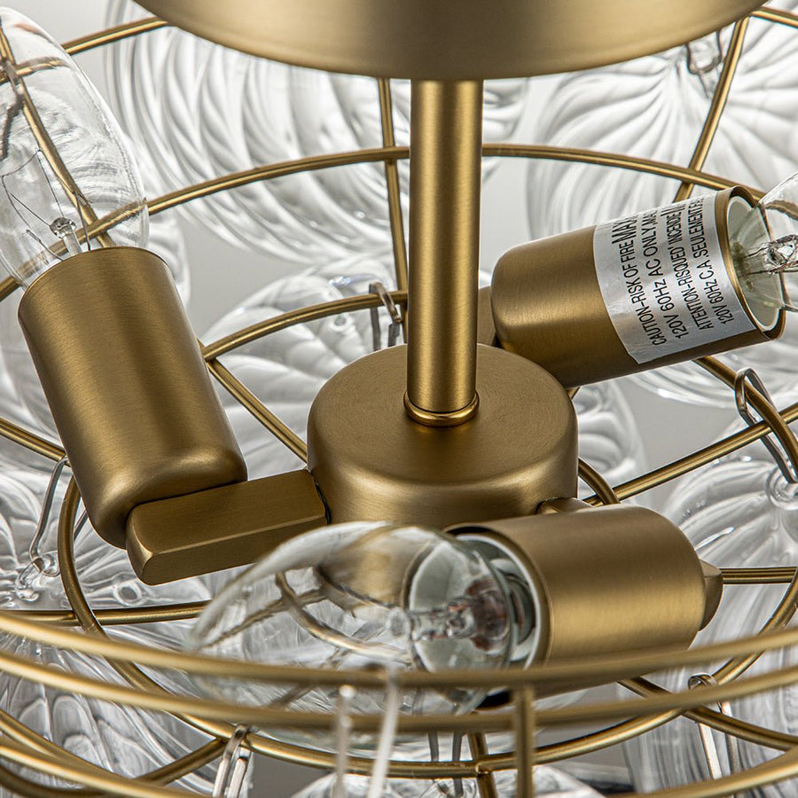 LightFixturesUSA-3-Light Brass Cluster Ribbed Glass Bubble Semi Flush Chandelier-Chandelier--