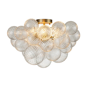 LightFixturesUSA-3-Light Brass Cluster Ribbed Glass Bubble Semi Flush Chandelier-Chandelier--
