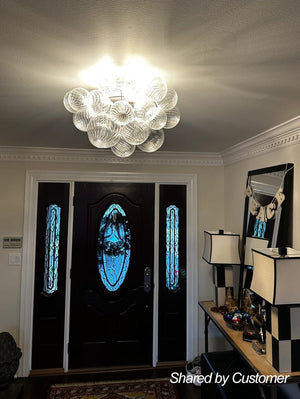 LightFixturesUSA-3-Light Brass Cluster Ribbed Glass Bubble Semi Flush Chandelier-Chandelier--