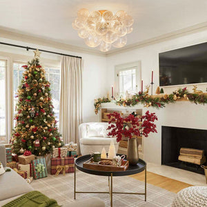 LightFixturesUSA-3-Light Brass Cluster Ribbed Glass Bubble Semi Flush Chandelier-Chandelier--