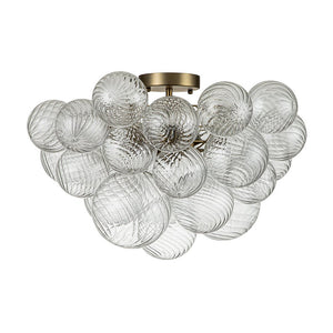 LightFixturesUSA-3-Light Brass Cluster Ribbed Glass Bubble Semi Flush Chandelier-Chandelier--