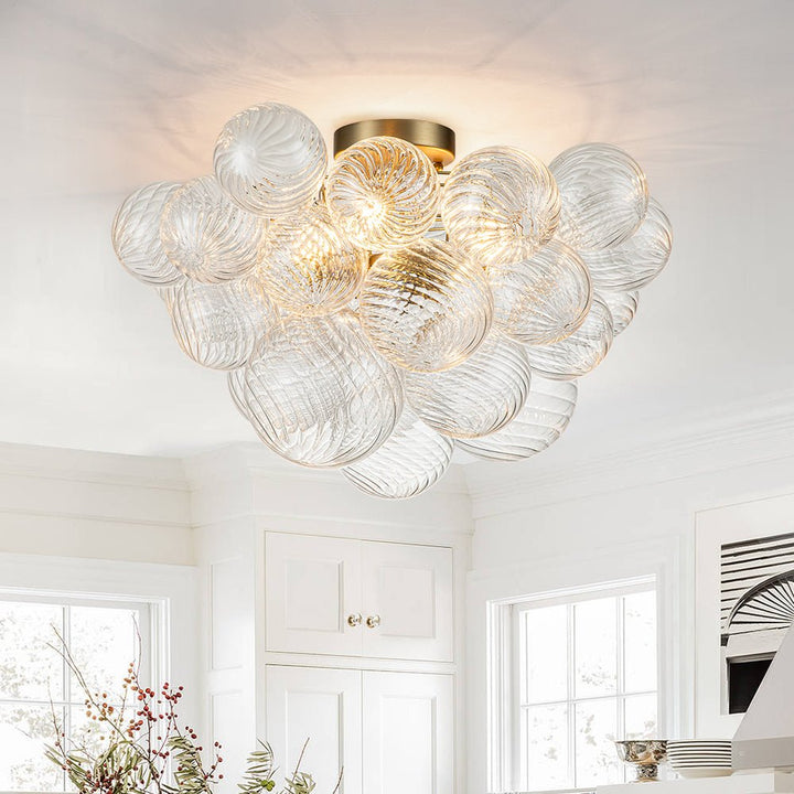 LightFixturesUSA-3-Light Brass Cluster Ribbed Glass Bubble Semi Flush Chandelier-Chandelier--