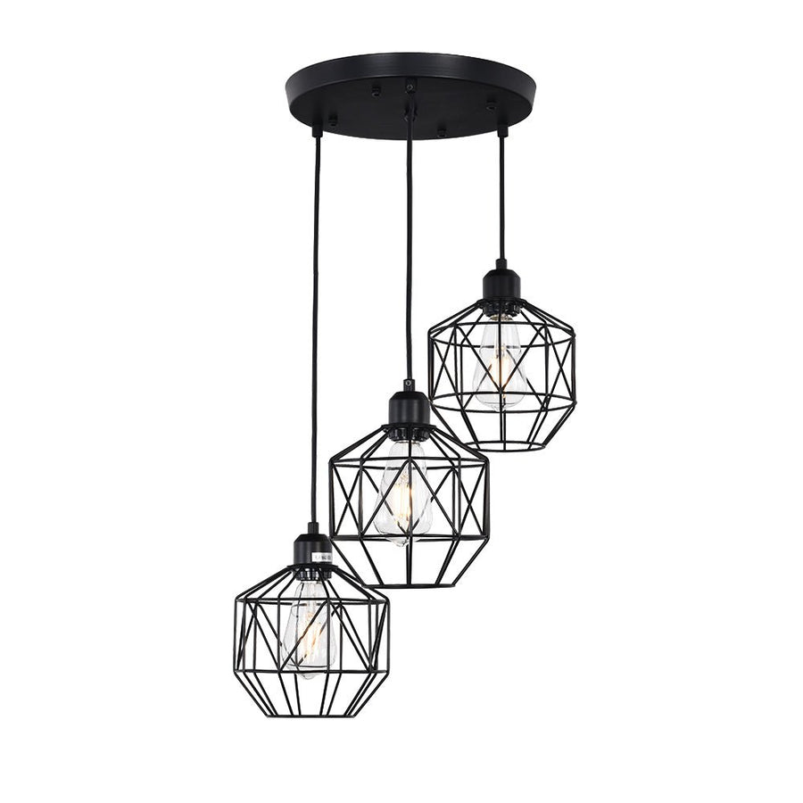 LightFixturesUSA-3-Light Cluster Black Geometric Pendant Light-Pendant Light-Black-