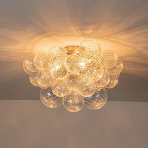 LightFixturesUSA-3-Light Cluster Ribbed Glass Bubble Semi Flush Chandelier-Chandelier-Brass-3-Lt