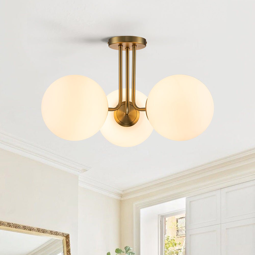 3-Light Brass Frosted Glass Globe Ceiling Light | LightFixturesUSA