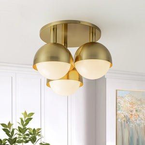 LightFixturesUSA-3-Light Opal Glass Globe Semi Flush Mount Light-Ceiling Light-3-Lt-Brass