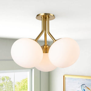 LightFixturesUSA-3-Light Opal Glass Sphere Semi Flush Mount Light-Ceiling Light-Brass-