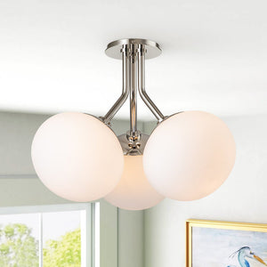LightFixturesUSA-3-Light Opal Glass Sphere Semi Flush Mount Light-Ceiling Light-Nickel-