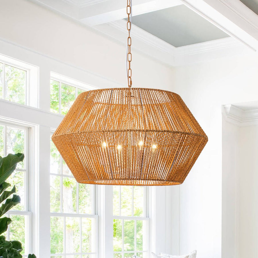 LightFixturesUSA-4-Light Bohemian Brown Rope Wide Cage Pendant Light-Chandelier-4-Lt-Brown