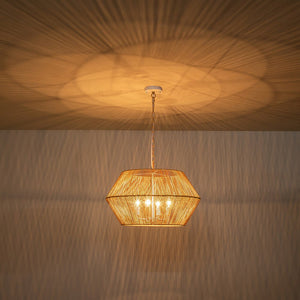 LightFixturesUSA-4-Light Bohemian Brown Rope Wide Cage Pendant Light-Chandelier-4-Lt-Brown
