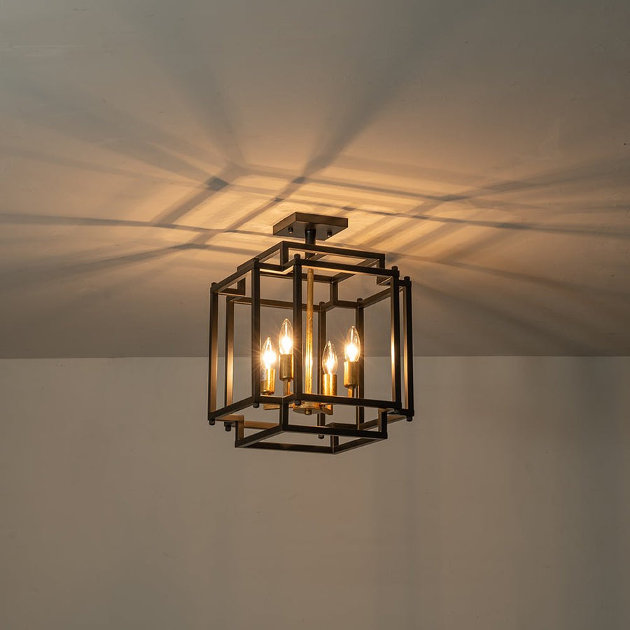 LightFixturesUSA-4-Light Candle Style Square Lantern Semi Flush Ceiling Light-Ceiling Light--