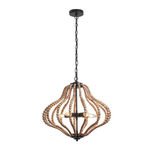 LightFixturesUSA-5-Light Bohemian Rustic Wood Bead Cage Pendant Light -Pendant Light-Beige-
