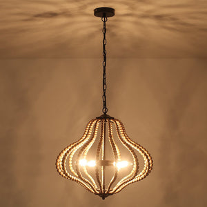 LightFixturesUSA-5-Light Bohemian Rustic Wood Bead Cage Pendant Light -Pendant Light-Beige-