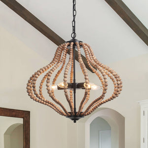LightFixturesUSA-5-Light Bohemian Rustic Wood Bead Cage Pendant Light -Pendant Light-Brown-