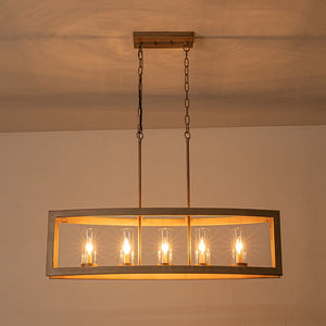 LightFixturesUSA-5-Light Curved Rectangle Frame Island Chandelier-Chandelier-Faux Wood-