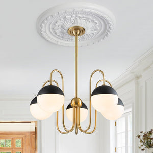 LightFixturesUSA-5-Light Milky Glass Globe Round Chandelier-Chandelier-Brass-