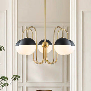 LightFixturesUSA-5-Light Milky Glass Globe Round Chandelier-Chandelier-Brass-