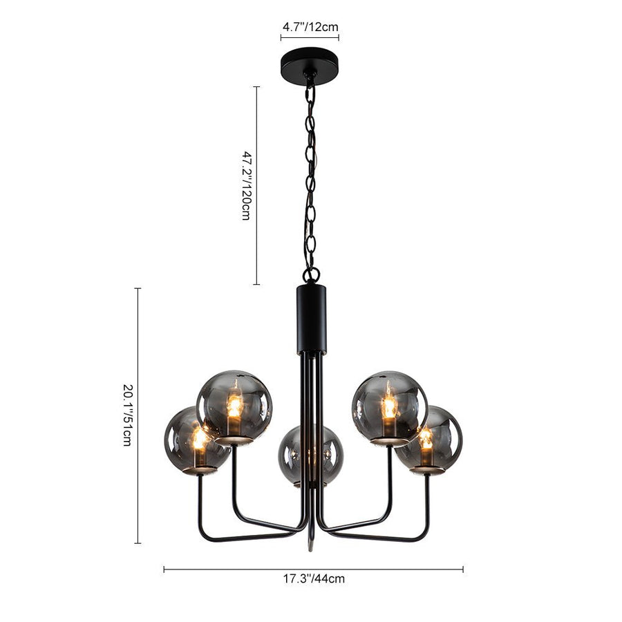 LightFixturesUSA-5-Light Smoked Glass Globe Round Chandelier-Chandelier-Black-