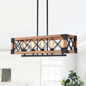 LightFixturesUSA-5-Light Wood Box Rectangle Chandelier Modern Farmhouse-Chandelier--