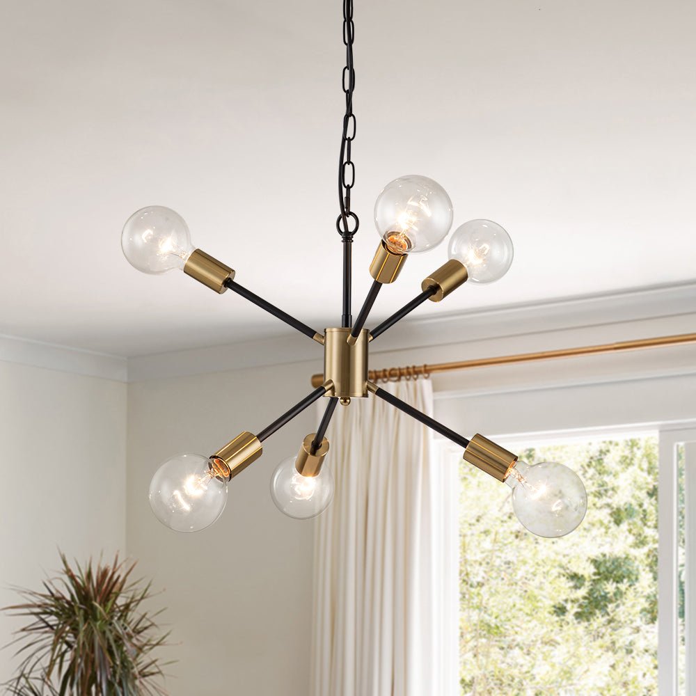 6-Light Brass Black Hanging Chain Sputnik Chandelier, LightFixturesUSA