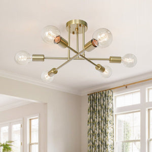 LightFixturesUSA-6-light Semi Flush Sputnik Light Fixture-Ceiling Light-Brass-