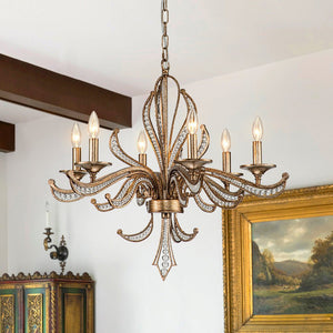 LightFixturesUSA-6-Light Vintage Candle Style Chandelier Crystal Beads-Chandelier-6-Lt-Antique
