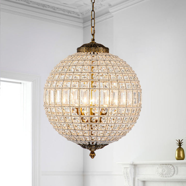 LightFixturesUSA-Antique Brass Crystal Globe Chandelier-Chandelier--