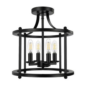 LightFixturesUSA-Black Round Lantern Semi Flush Mount Lighting-Ceiling Light--