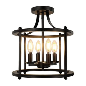 LightFixturesUSA-Black Round Lantern Semi Flush Mount Lighting-Ceiling Light--
