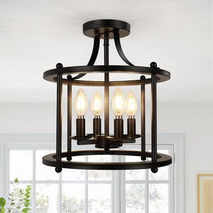 LightFixturesUSA-Black Round Lantern Semi Flush Mount Lighting-Ceiling Light--