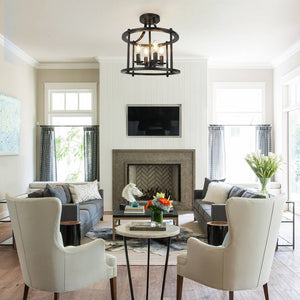 LightFixturesUSA-Black Round Lantern Semi Flush Mount Lighting-Ceiling Light--