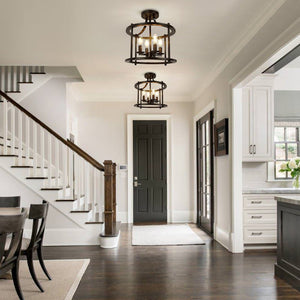 LightFixturesUSA-Black Round Lantern Semi Flush Mount Lighting-Ceiling Light--