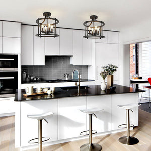 LightFixturesUSA-Black Round Lantern Semi Flush Mount Lighting-Ceiling Light--