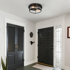 LightFixturesUSA-Black Seeded Glass Flush Mount-Ceiling Light--