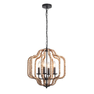 LightFixturesUSA-Boho 4-Light Wood Beaded Lantern Pendant-Chandelier-Brown Wood + Matte Black Metal-
