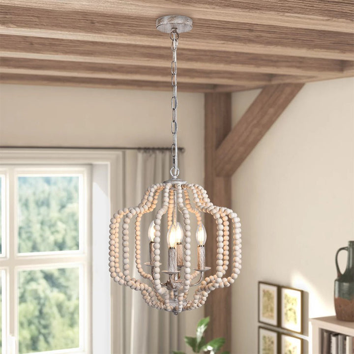 LightFixturesUSA-Boho 4-Light Wood Beaded Lantern Pendant-Chandelier-Natural Wood + Rough White Metal-