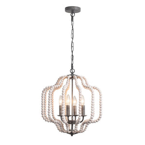 LightFixturesUSA-Boho 4-Light Wood Beaded Lantern Pendant-Chandelier-White Wood + Rough Grey Metal-