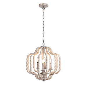 LightFixturesUSA-Boho 4-Light Wood Beaded Lantern Pendant-Chandelier-White Wood + Rough Grey Metal-