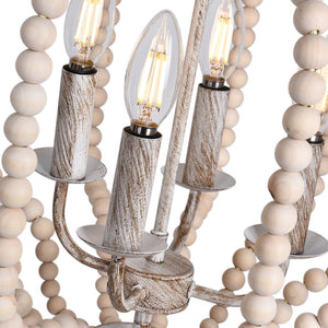 LightFixturesUSA-Boho 4-Light Wood Beaded Lantern Pendant-Chandelier-White Wood + Rough Grey Metal-