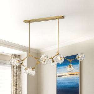 LightFixturesUSA-Brass 10-Light Branch Frozen Glass Ice Style Island Pendant-Chandelier-Brass-10-Lt (Pre-Order)