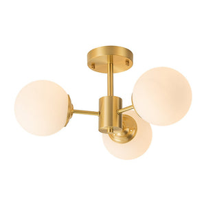 LightFixturesUSA-Brass 3-Light Opal Glass Globe Semi Flush Mount-Ceiling Light-3-Lt-Brass
